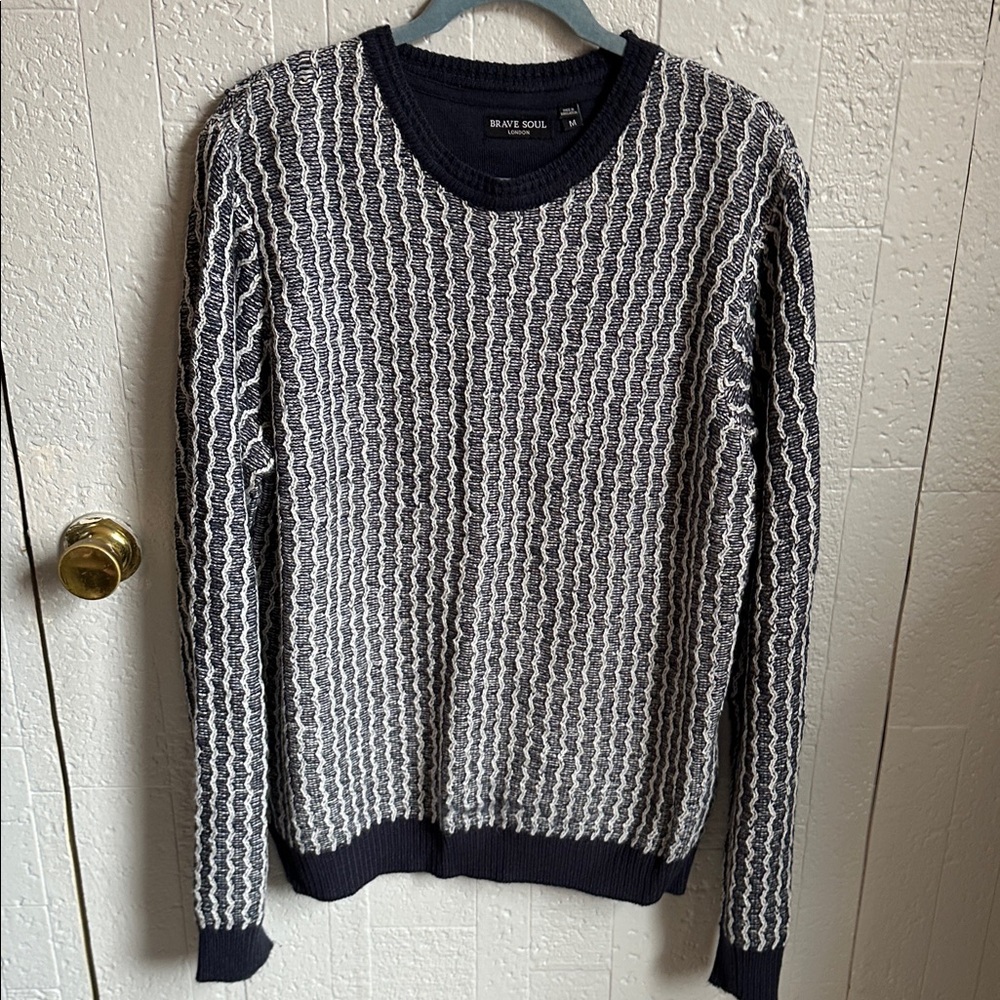 Brave Soul Men's Navy & White Woven Crewneck Sweater medium
